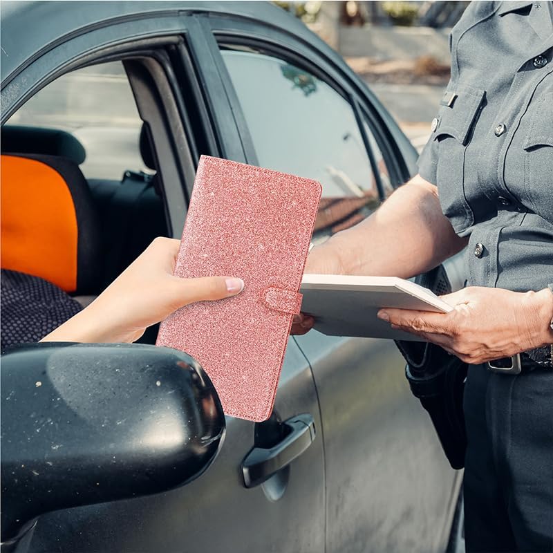 TILDOSAC 2 Ppack Leather Car Registration and Insurance Card Holder, Car Document Holder for Cards License with Magnetic Shut(Glitter Pink-Ear - Image 4